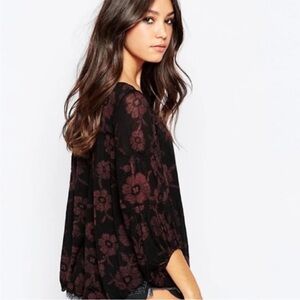 Free People Zoe Top Night Combo Key Hole Cut Out Bell Sleeve Floral Print Medium